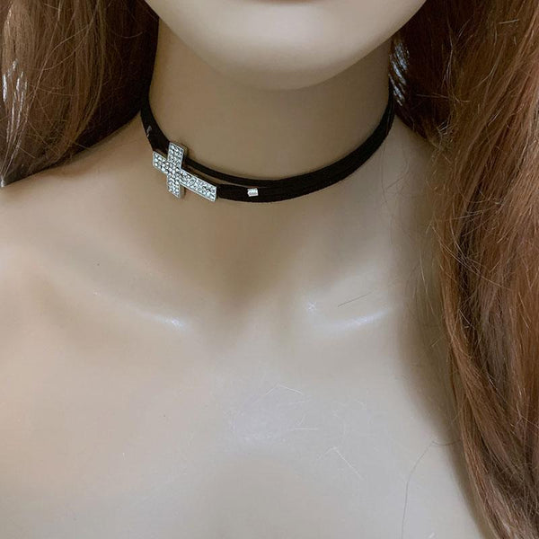 Black Suede Sparkly Sideway Cross Choker