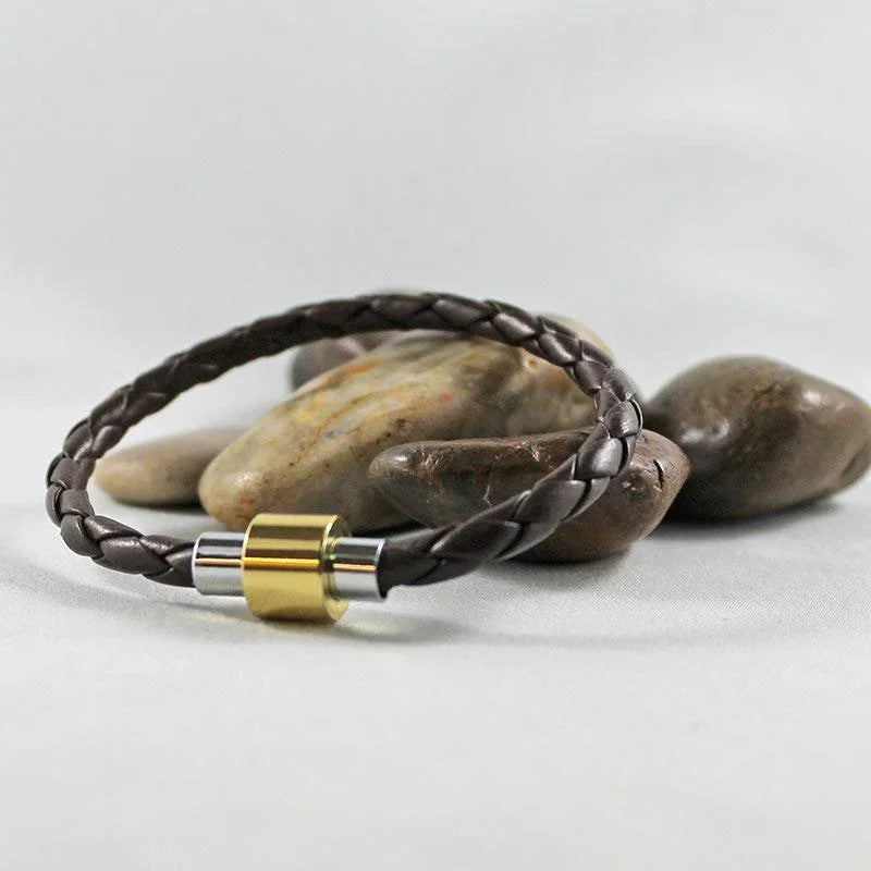 Brown Leather Silver & Gold Magnetic Clasp Bracelet