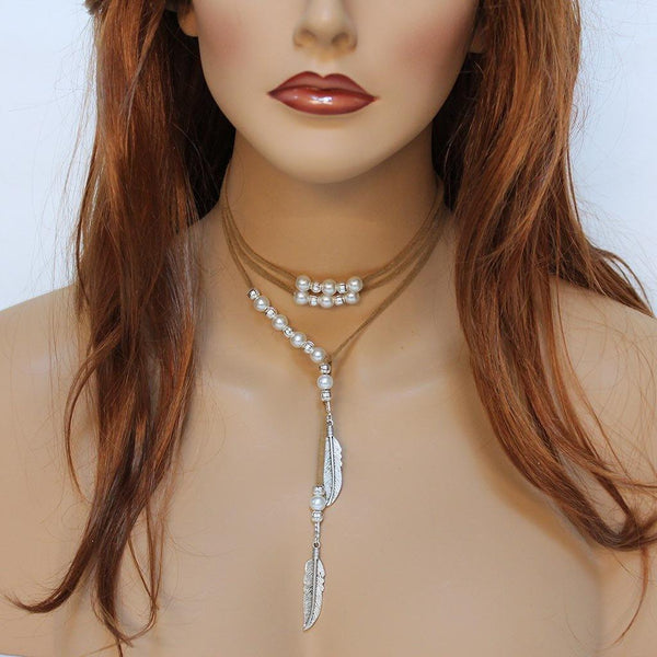 Brown Suede Silver Feather Pearl Lariat Necklace