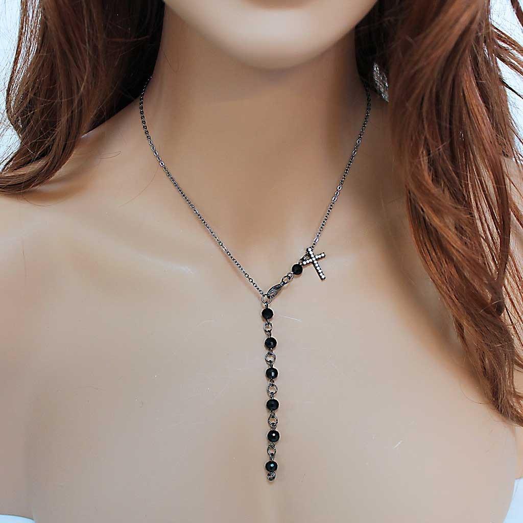 Dainty Black Beaded Black Cross Rosary Necklace