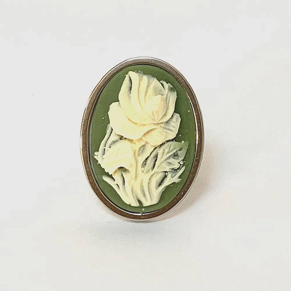 Victorian Green Floral Cameo Silver Ring