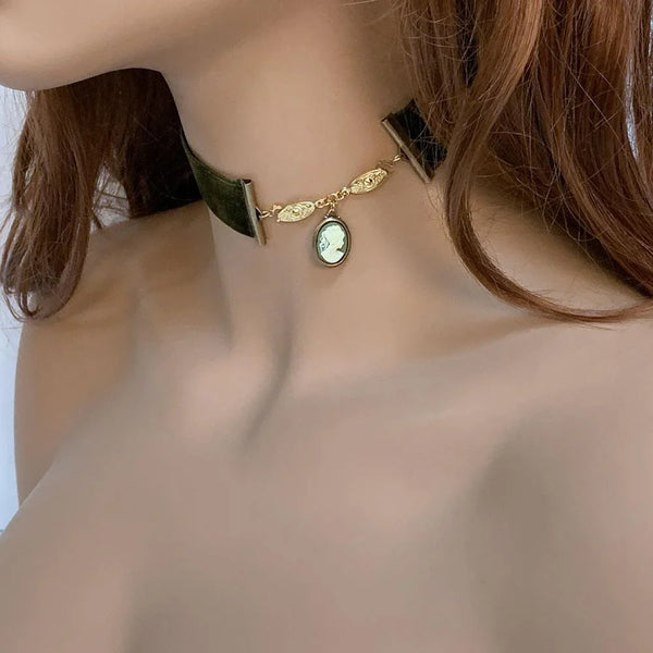Victorian Green Velvet Cameo Choker