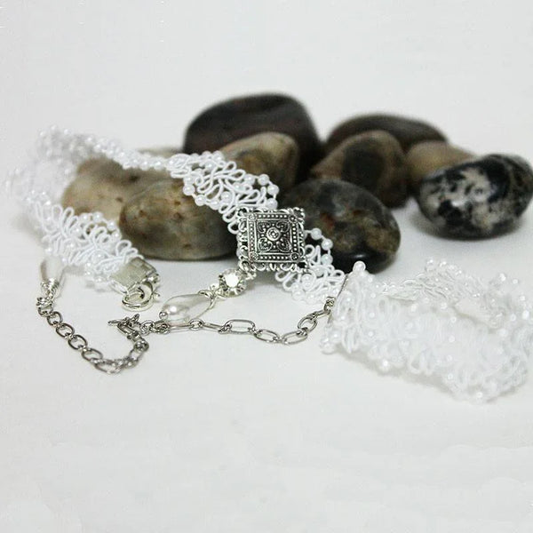 Victorian Pearl Lace Bridal Choker Necklace