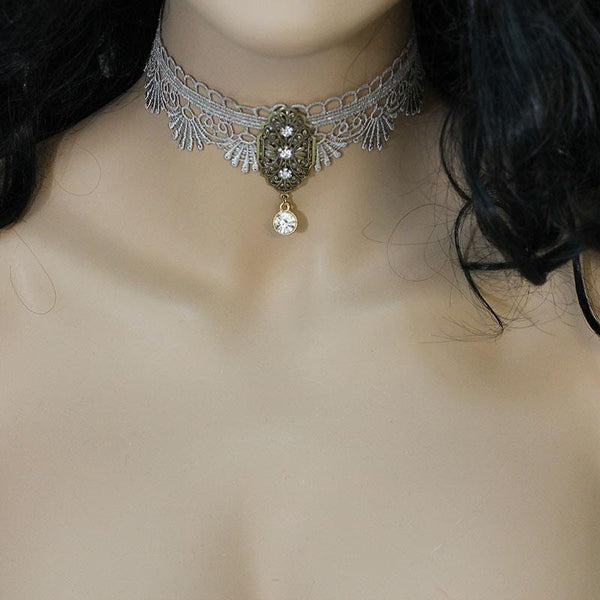 Victorian Scalloped Lace Brass Pendant Choker