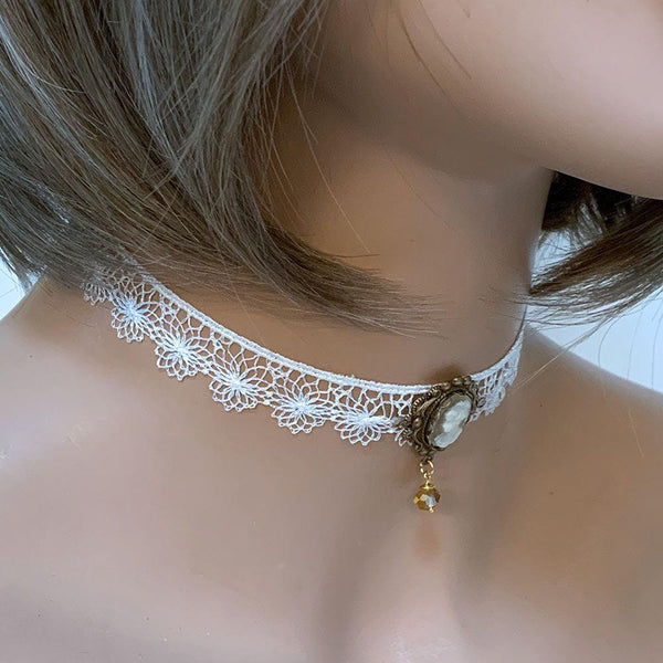 White Lace Victorian Cameo Choker