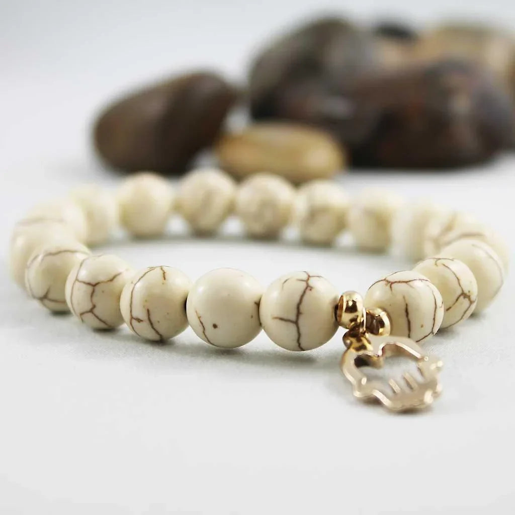 White Turquoise Unisex Beaded Hamsa Stretch Bracelet