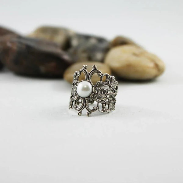 Adjustable Silver Victorian Pearl Ring