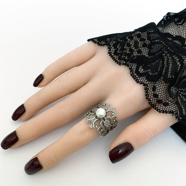 Adjustable Silver Victorian Pearl Ring
