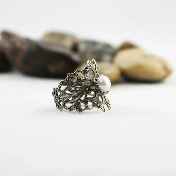 Adjustable Silver Victorian Pearl Ring