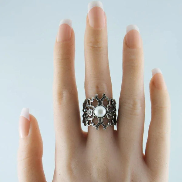 Adjustable Silver Victorian Pearl Ring