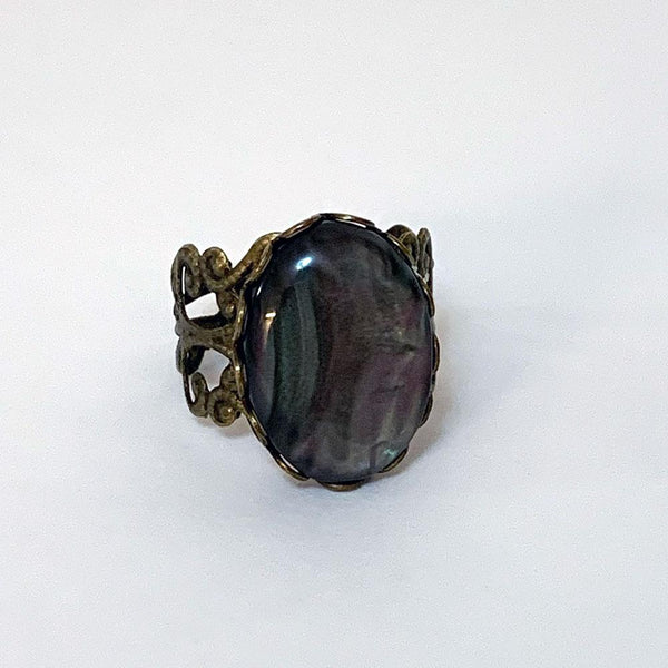 Adjustable Victorian Filigree Ring with Black Cabochon