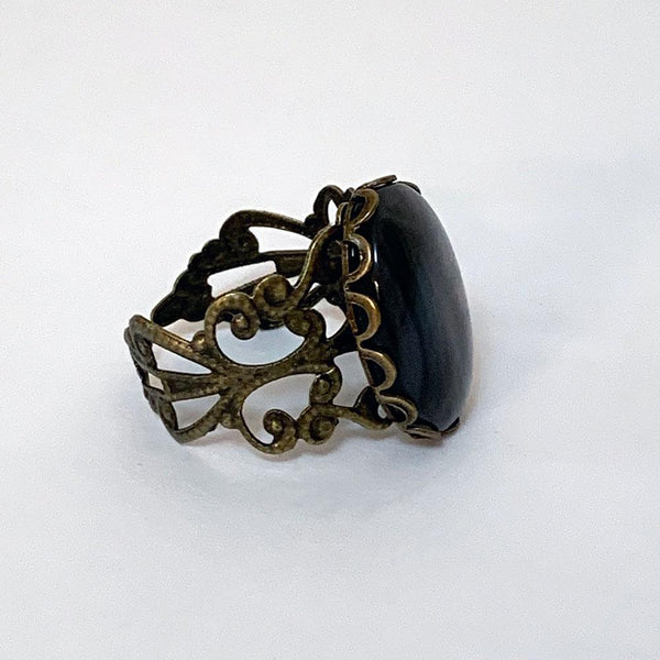 Adjustable Victorian Filigree Ring with Black Cabochon