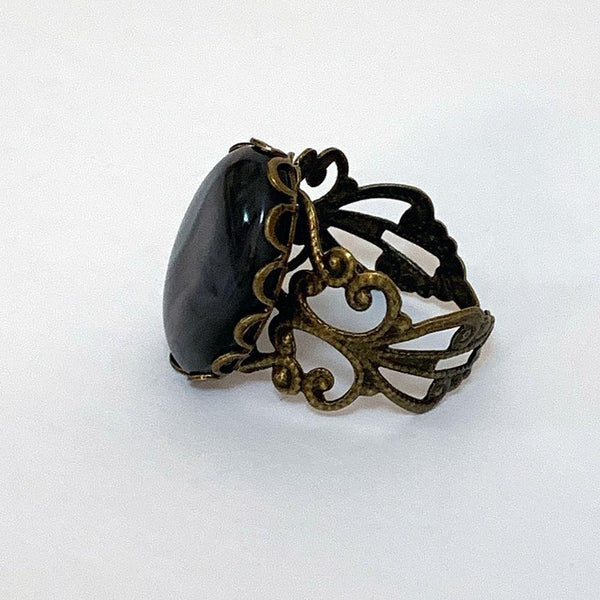 Adjustable Victorian Filigree Ring with Black Cabochon