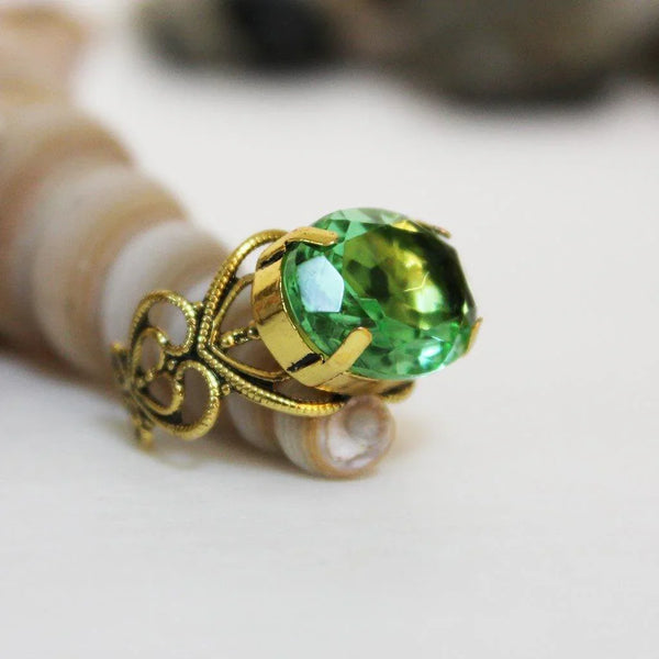Antique Gold Filigree Green Crystal Ring