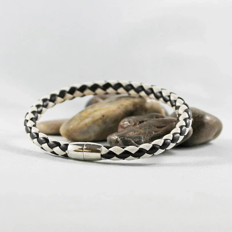Black & White Leather Magnetic Tube Clasp Bracelet