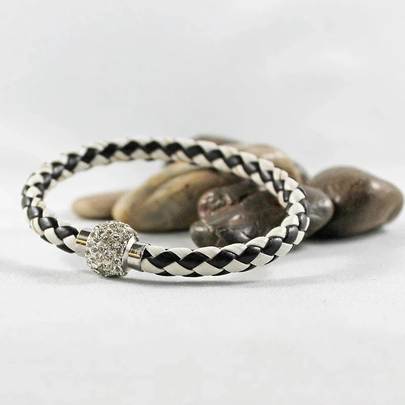 Black & White Leather Rhinestone Clasp Bracelet