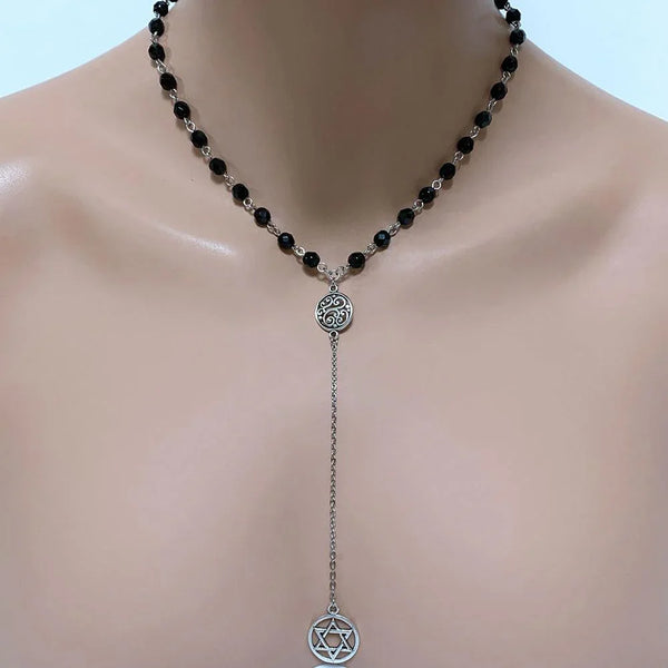 Black Beaded Star of David Y Necklace