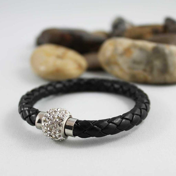 Black Braided Leather Bangle Bracelet