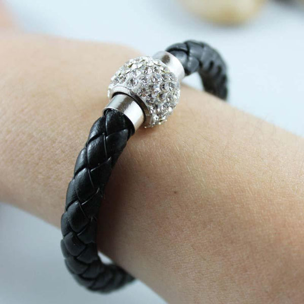 Black Braided Leather Bangle Bracelet
