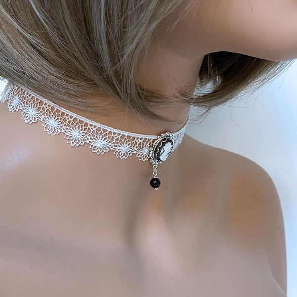 Black Cameo White Lace Victorian Choker
