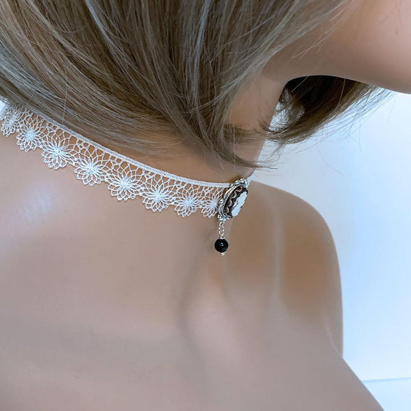 Black Cameo White Lace Victorian Choker