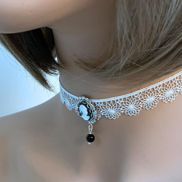 Black Cameo White Lace Victorian Choker