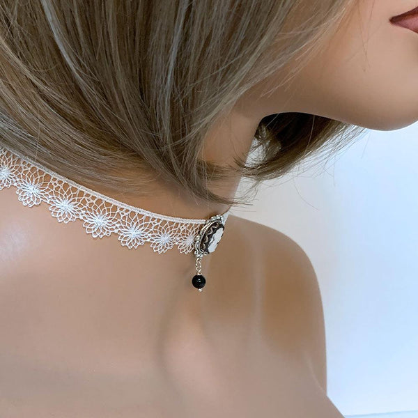 Black Cameo White Lace Victorian Choker