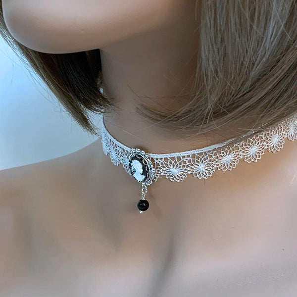 Black Cameo White Lace Victorian Choker