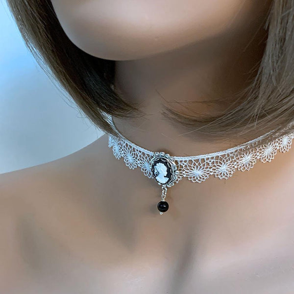 Black Cameo White Lace Victorian Choker