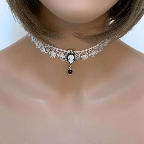 Black Cameo White Lace Victorian Choker