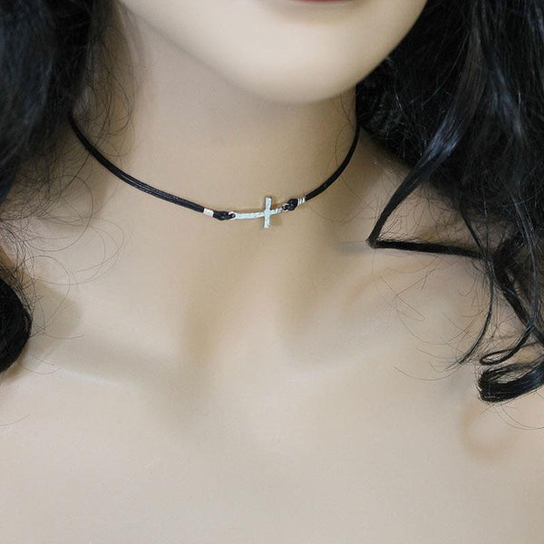 Black Cord Silver Sideways Cross Choker