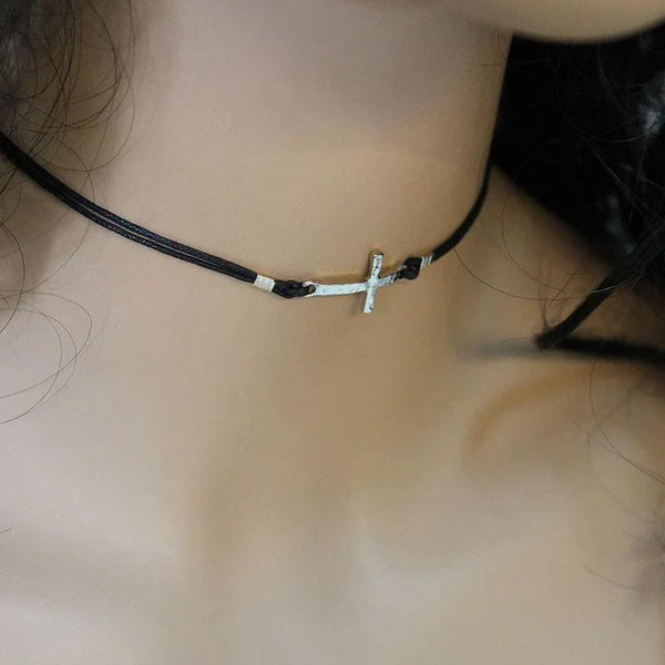 Black Cord Silver Sideways Cross Choker