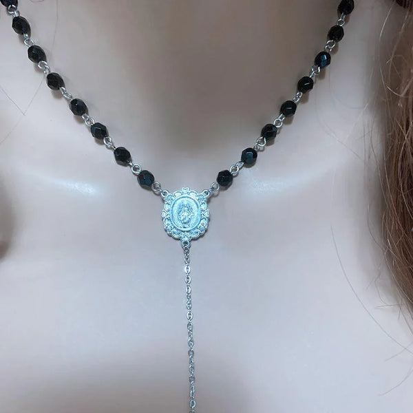 Black Crystal Rosary Style Necklace