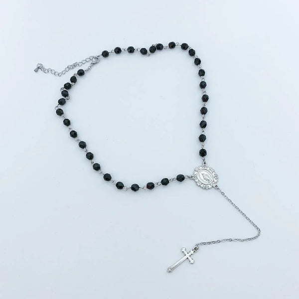 Black Crystal Rosary Style Necklace