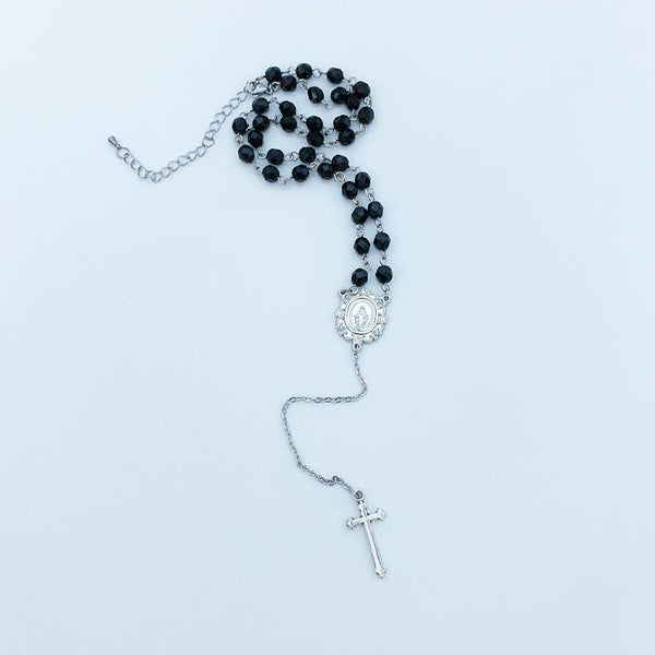 Black Crystal Rosary Style Necklace