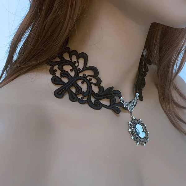 Black Lace Victorian Gothic Cameo Necklace