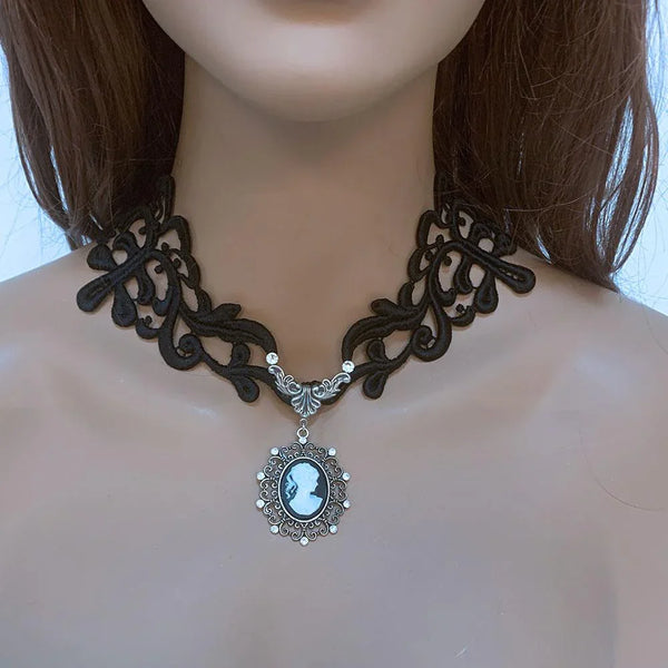 Black Lace Victorian Gothic Cameo Necklace