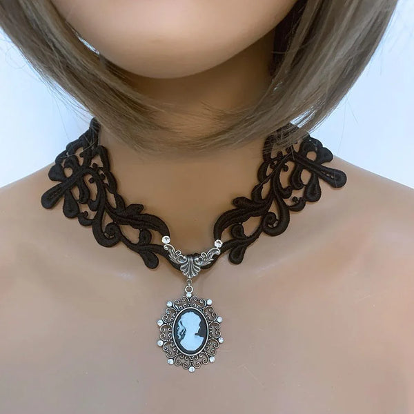 Black Lace Victorian Gothic Cameo Necklace