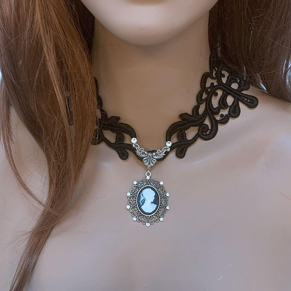 Black Lace Victorian Gothic Cameo Necklace