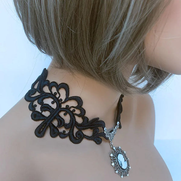 Black Lace Victorian Gothic Cameo Necklace