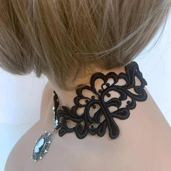 Black Lace Victorian Gothic Cameo Necklace