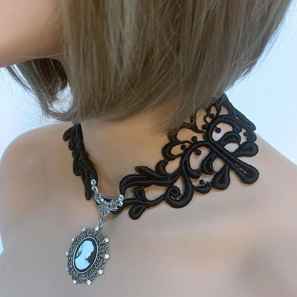 Black Lace Victorian Gothic Cameo Necklace