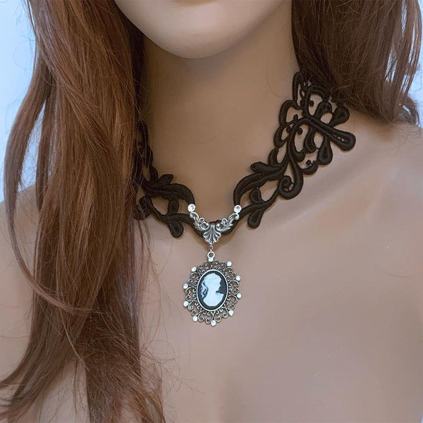 Black Lace Victorian Gothic Cameo Necklace