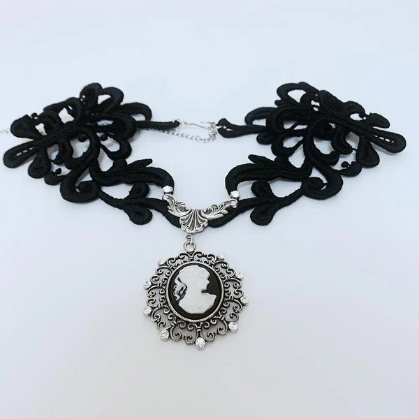 Black Lace Victorian Gothic Cameo Necklace