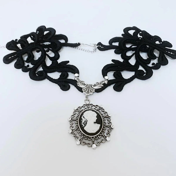 Black Lace Victorian Gothic Cameo Necklace