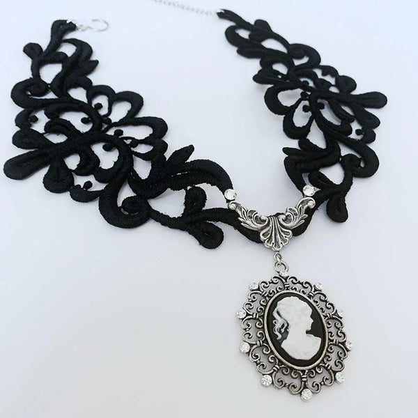 Black Lace Victorian Gothic Cameo Necklace