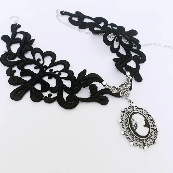 Black Lace Victorian Gothic Cameo Necklace