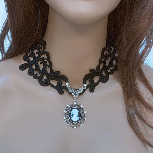 Black Lace Victorian Gothic Cameo Necklace