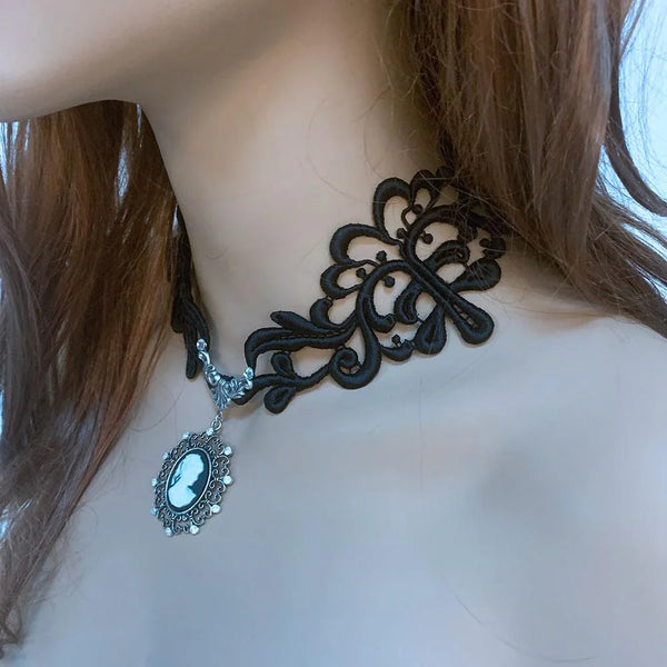 Black Lace Victorian Gothic Cameo Necklace
