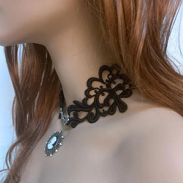 Black Lace Victorian Gothic Cameo Necklace